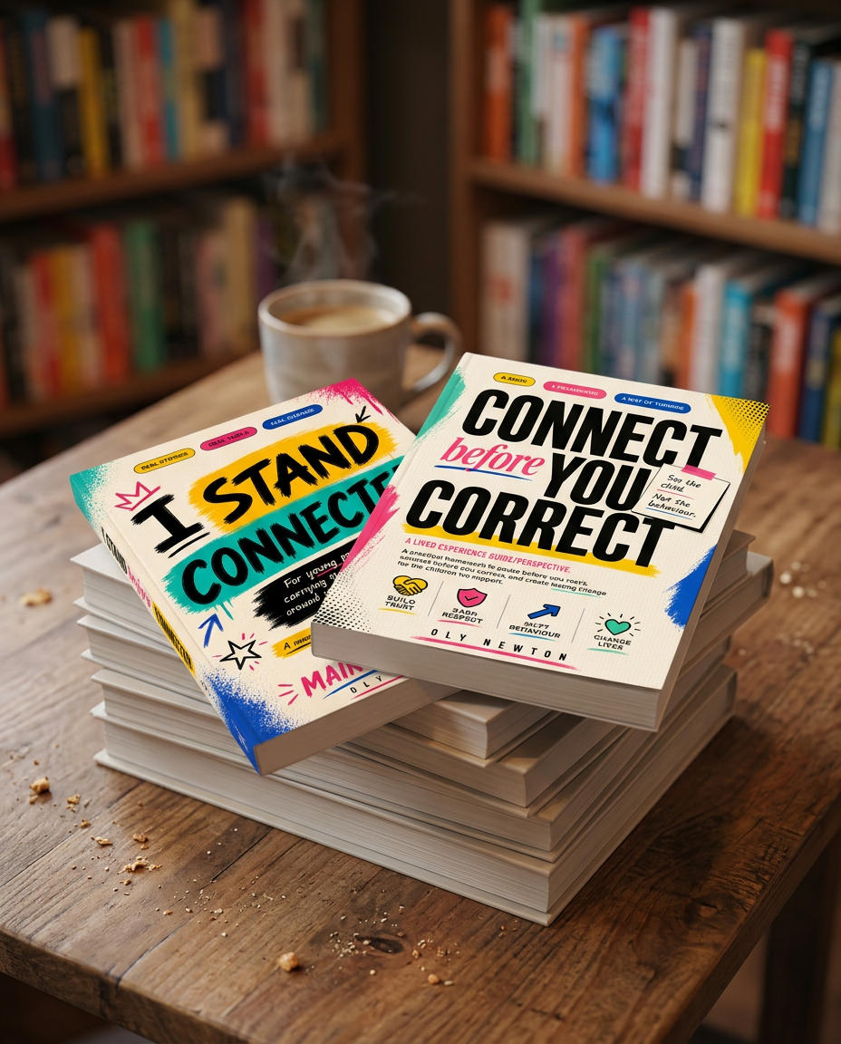 Connect Before You Correct and I Stand Connected on a pile of books in a bookshop